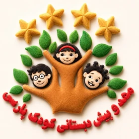 لوگوی مهد و پیش‌دبستانی کودک پارسی؛ دست نمدی نارنجی با سه کودک خندان